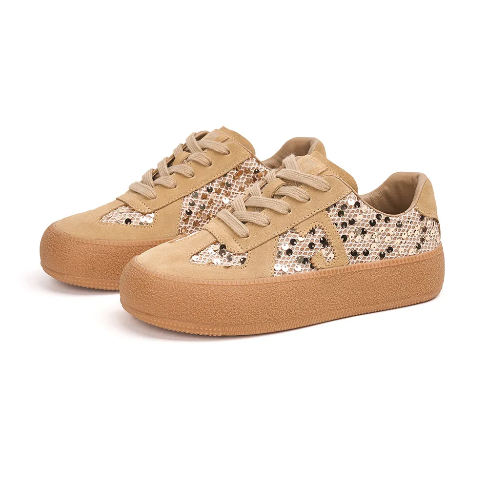 Women’s Lace-up Cow Suede and Sequins German Army Platform Trainers-83571W
